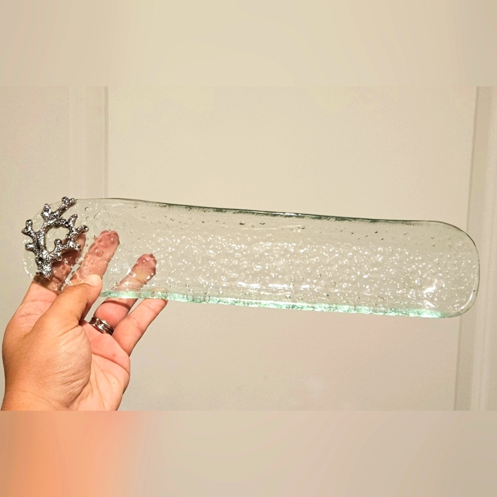 Vintage Bubble Glass Tray with Silver Coral Detail